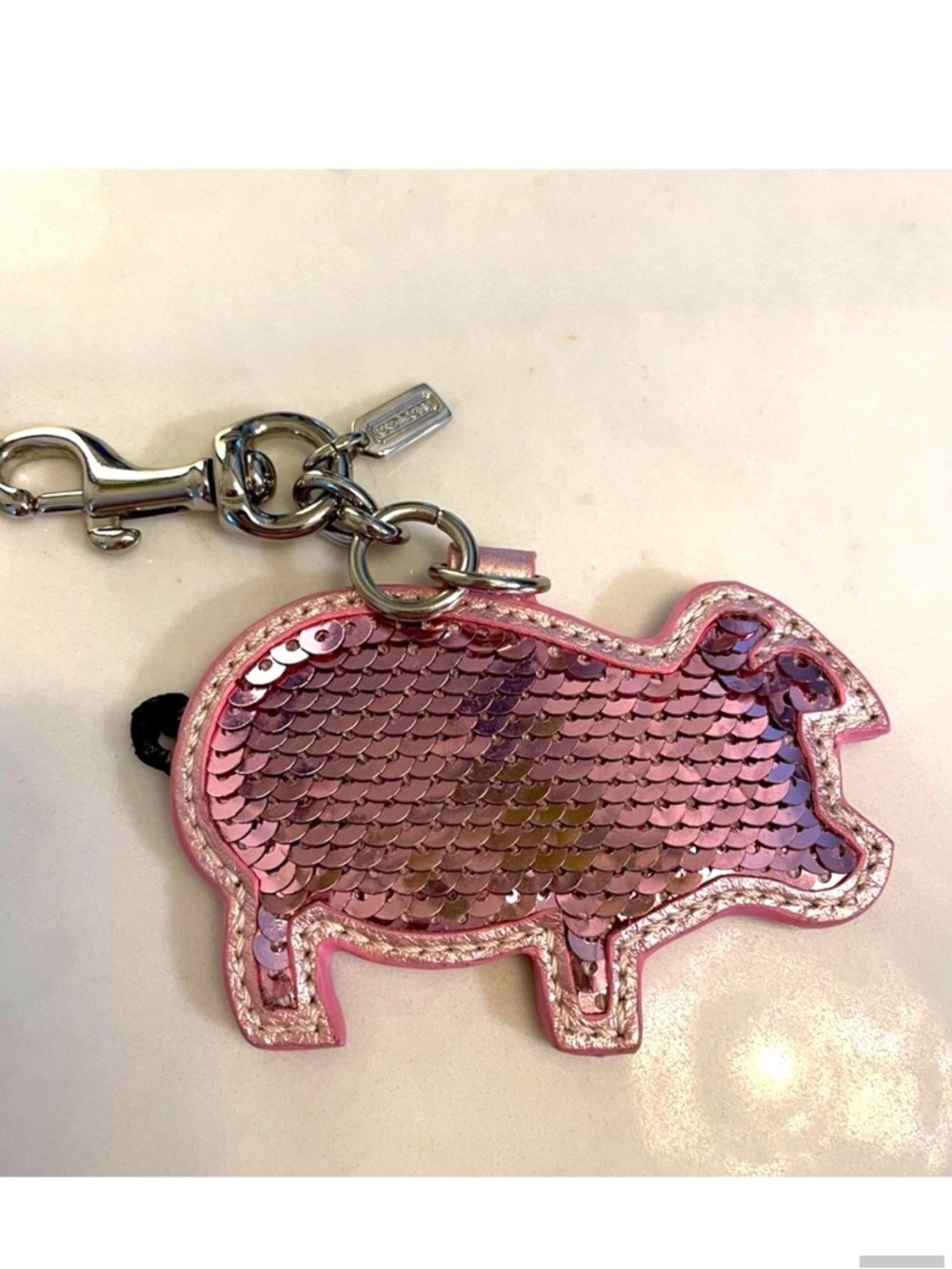 Coach Poppy Pig Bag Charm Keychain with Silver Hardware Pink Sequin - New in Bag - Picture 3 of 15